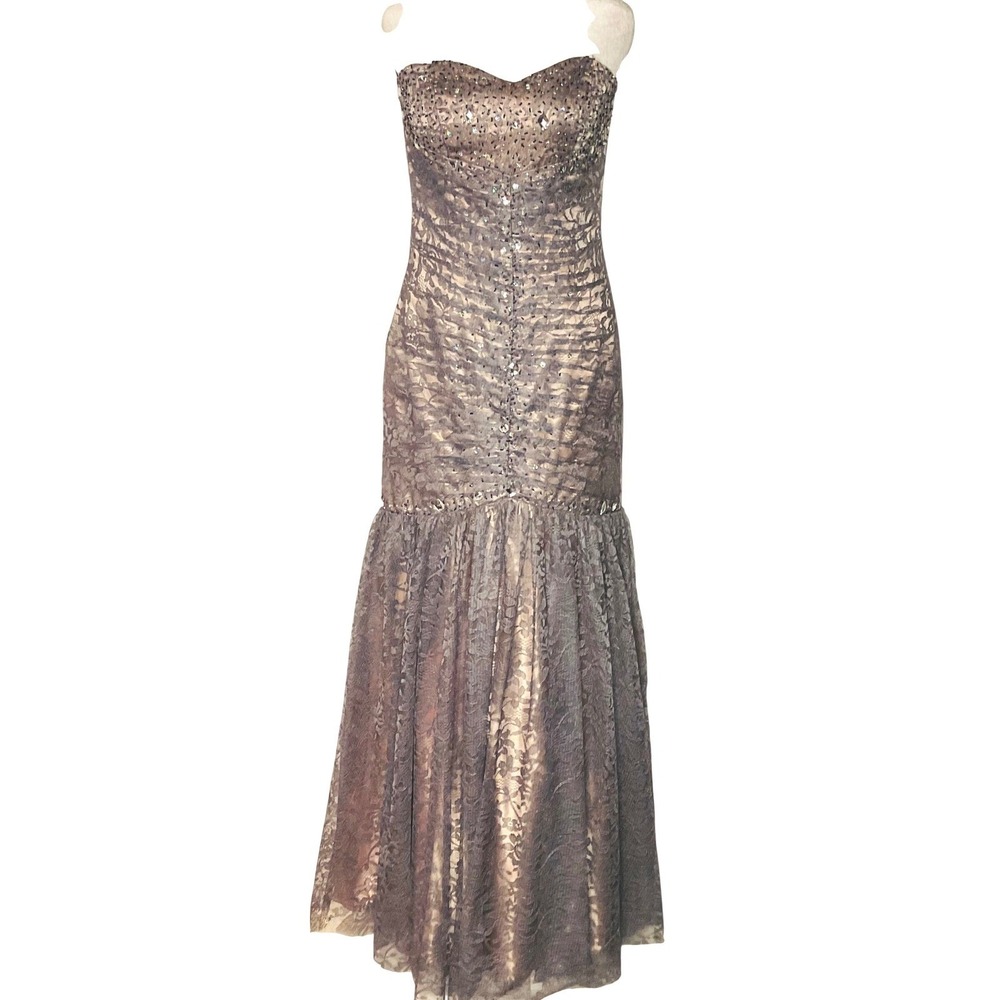 Deb‎ Mermaid Lace Prom Pageant Dress Women's Gray Pink Rhinestone Formal 5/6 Y2K